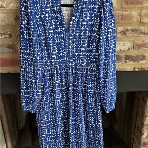 Boden Blue and White Geometric V-Neck Long Sleeve Midi Dress